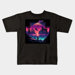 Synthwave cyberpunk woman looking at the sunset with mystery creature Kids T-Shirt